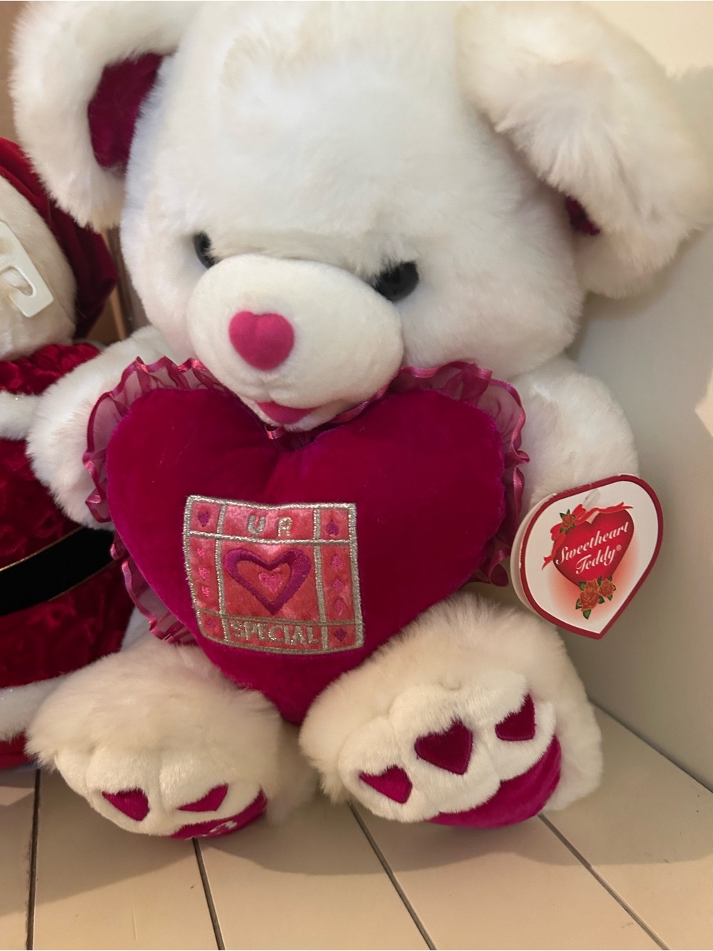 Sweetheart Teddy Plush with Heart Pillow - White and Hot Pink